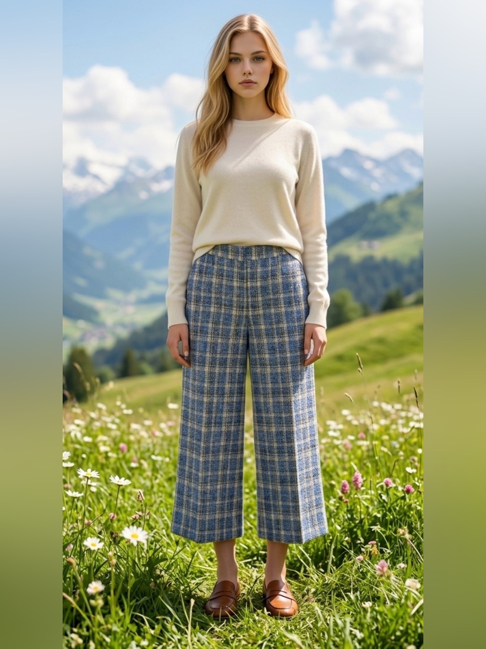 Womens Blue Plaid Wide-Leg Cropped Pants